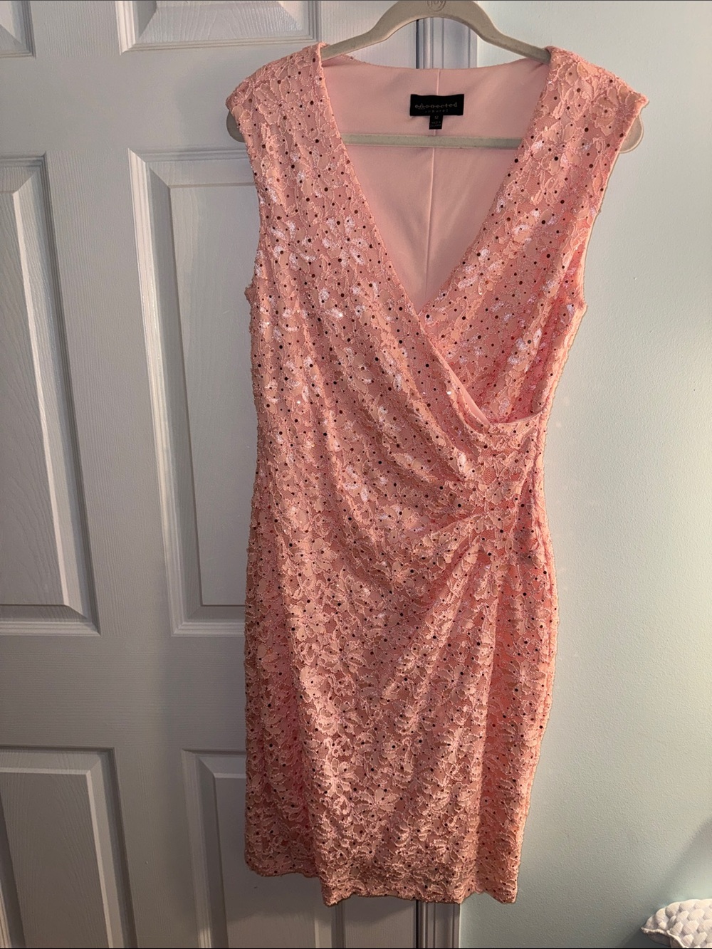 connected apparel Blush Pink Sequin Lace Wrap-Style Dress